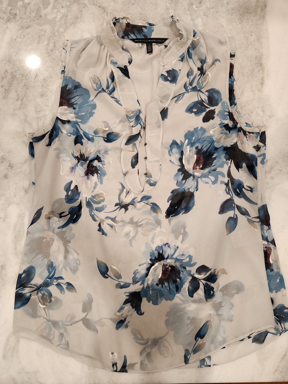 WHBM Sleeveless Ruffle V-Neck Floral Blouse - Blue/Gray